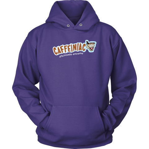Image of front view of a purple unisex hoodie featuring the caffeiniac aficionado extreme design on the front