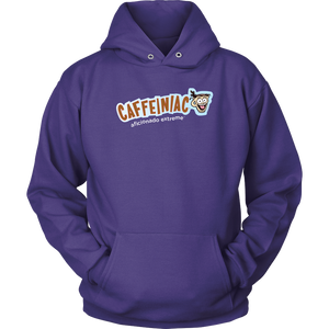 front view of a purple unisex hoodie featuring the caffeiniac aficionado extreme design on the front