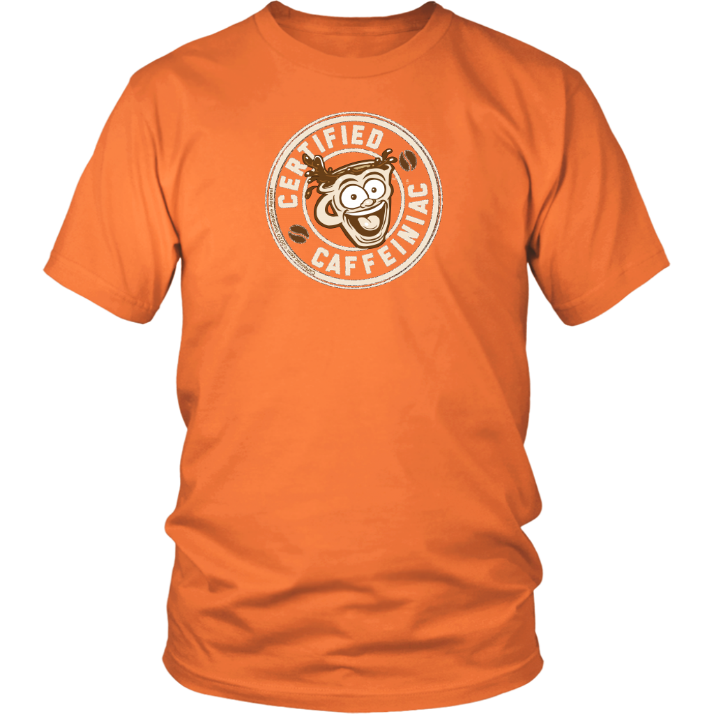 Front view of a men’s orange t-shirt featuring the Certified Caffeiniac design in tan ink on the front