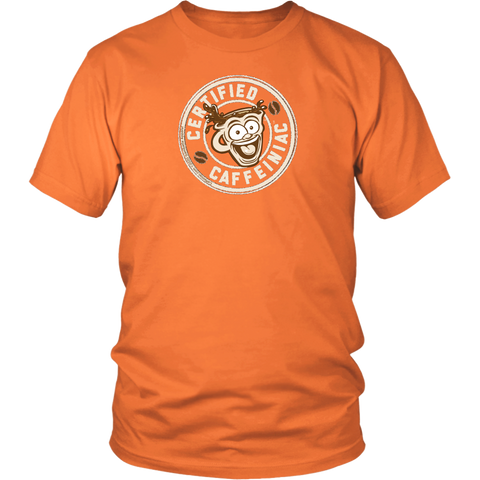 Image of Front view of a men’s orange t-shirt featuring the Certified Caffeiniac design in tan ink on the front