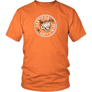 Front view of a men’s orange t-shirt featuring the Certified Caffeiniac design in tan ink on the front