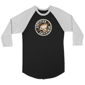 front view of a black raglan shirt with white sleeves featuring the Certified Caffeiniac design in tan ink on the front