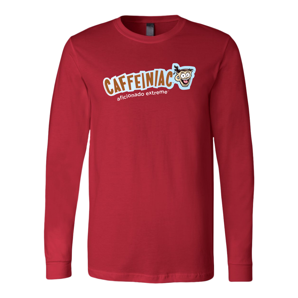 front view of a red long sleeve tshirt with Caffeiniac aficionado extreme design on the front