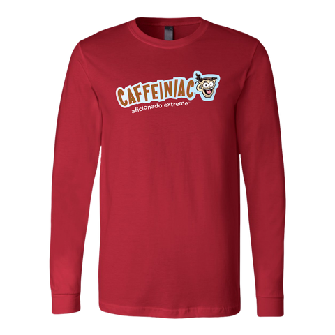Image of front view of a red long sleeve tshirt with Caffeiniac aficionado extreme design on the front