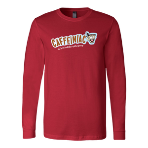 front view of a red long sleeve tshirt with Caffeiniac aficionado extreme design on the front