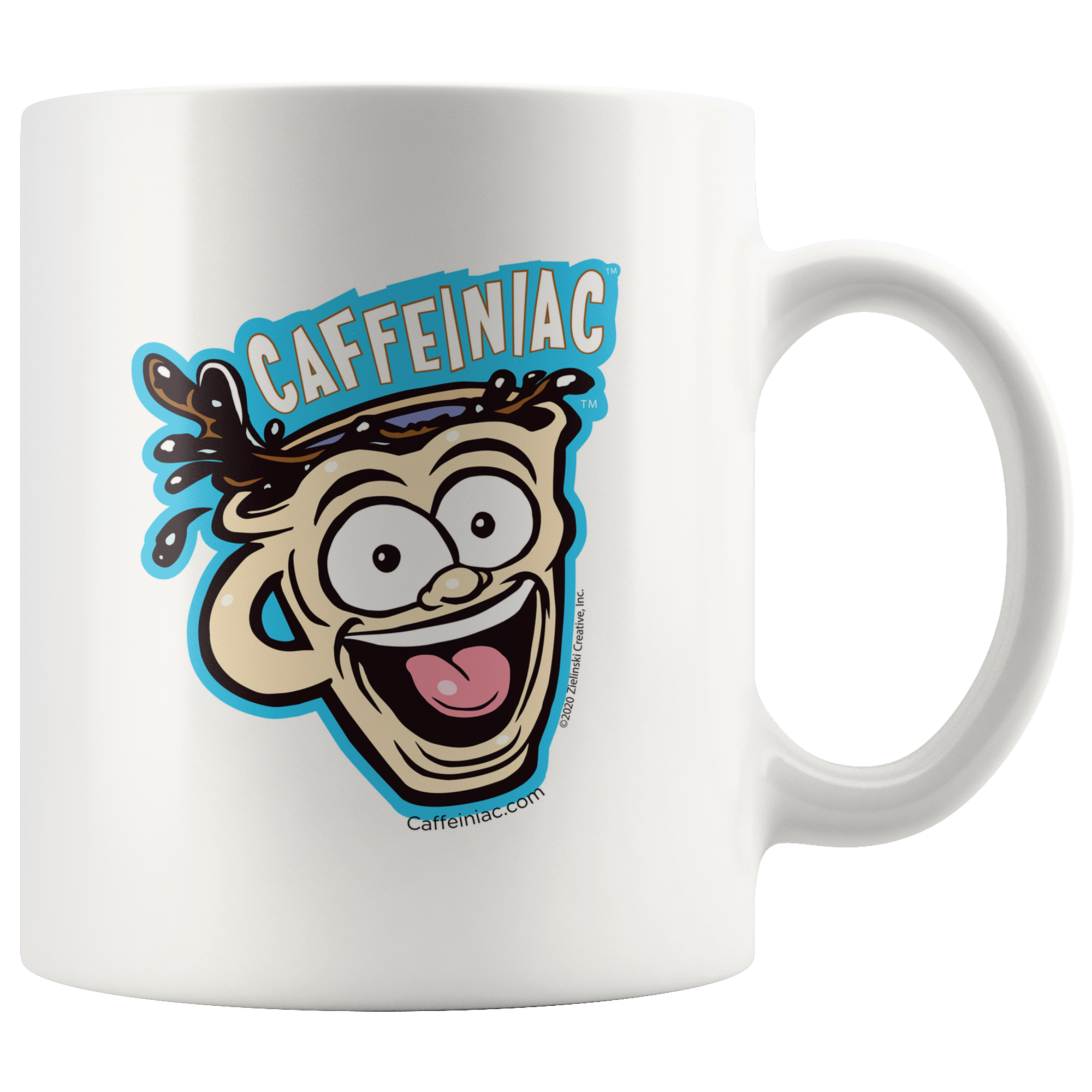 front view of a white 11oz ceramic coffee mug with a vibrant Caffeiniac design which is printed on both sides
