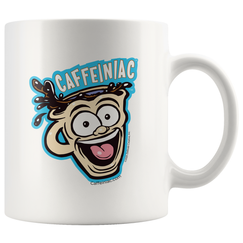 Image of front view of a white 11oz ceramic coffee mug with a vibrant Caffeiniac design which is printed on both sides