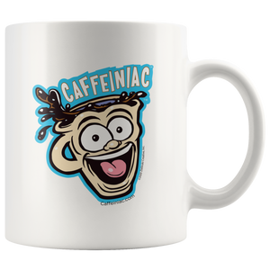 front view of a white 11oz ceramic coffee mug with a vibrant Caffeiniac design which is printed on both sides