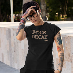 Tattooed woman with glasses outdoors wearing a black shirt with the F_ck Decaf design by Caffeiniac