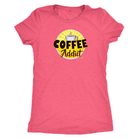 Image of front view of a bright pink Caffeiniac shirt with the Coffee Addict design