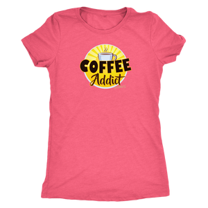 front view of a bright pink Caffeiniac shirt with the Coffee Addict design