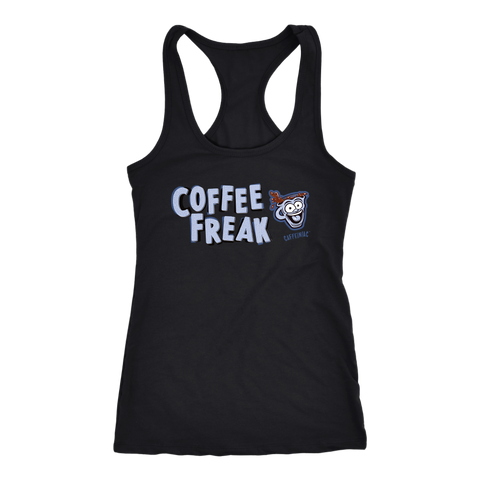 Image of front view of a women's black Caffeiniac tank top with the COFFEE FREAK design in light blue letters