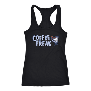 front view of a women's black Caffeiniac tank top with the COFFEE FREAK design in light blue letters