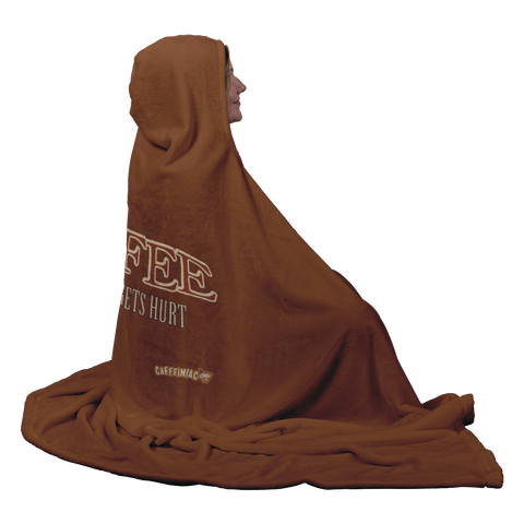 Image of back view of a luxurious hooded blanket featuring the Caffeiniac design COFFEE AND NOBODY GETS HURT