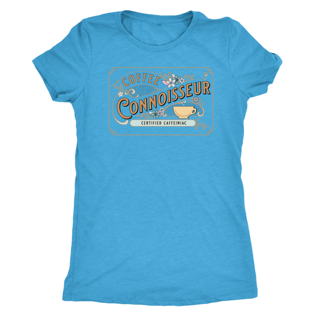 a woman's  vintage light blue  t-shirt with the coffee connoisseur design by caffeiniac