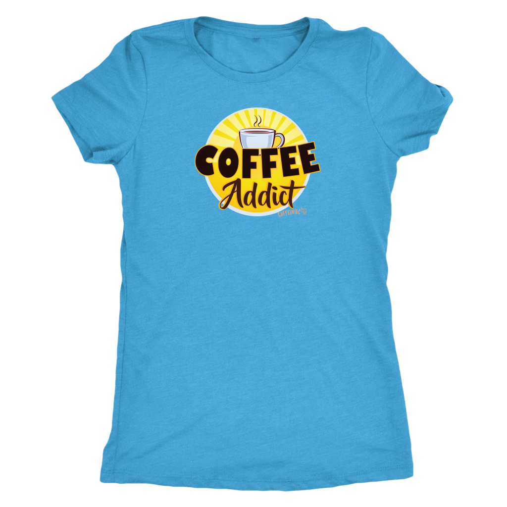 front view of a light blue Caffeiniac shirt with the Coffee Addict design