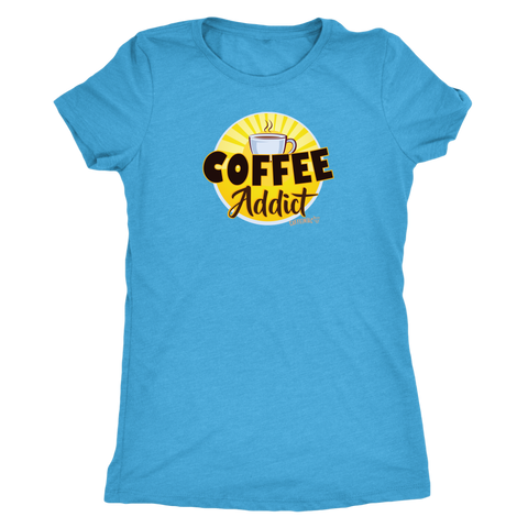Image of front view of a light blue Caffeiniac shirt with the Coffee Addict design
