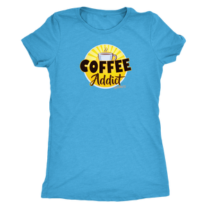 front view of a light blue Caffeiniac shirt with the Coffee Addict design