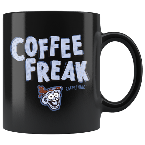 Image of a black ceramic coffee mug with the Caffeiniac design COFFEE FREAK in light blue letters