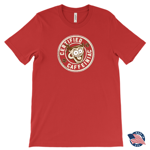 Image of front view of a red Canvas Mens T-Shirt featuring the original Certified Caffeiniac design on the front. Made in the USA