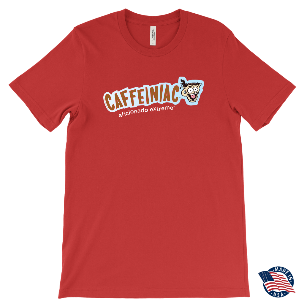 front view of a red t-shirt made in the USA featuring the Caffeiniac aficionado extreme design on the front