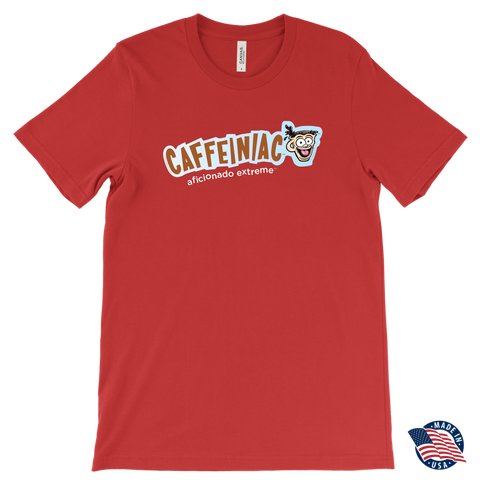 Image of front view of a red t-shirt made in the USA featuring the Caffeiniac aficionado extreme design on the front
