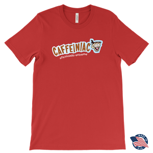 front view of a red t-shirt made in the USA featuring the Caffeiniac aficionado extreme design on the front