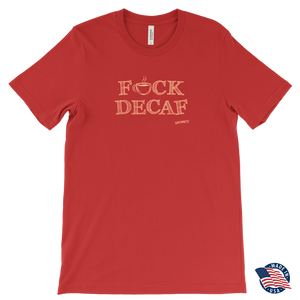 front view of a red t-shirt with the caffeiniac design F_CK DECA Made in the USAF