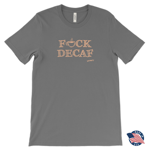 front view of a grey t-shirt with the caffeiniac design F_CK DECA Made in the USAF