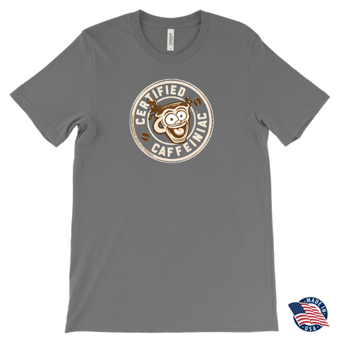 Image of front view of a light grey Canvas Mens T-Shirt featuring the original Certified Caffeiniac design on the front. Made in the USA