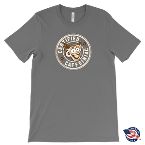 front view of a light grey Canvas Mens T-Shirt featuring the original Certified Caffeiniac design on the front. Made in the USA