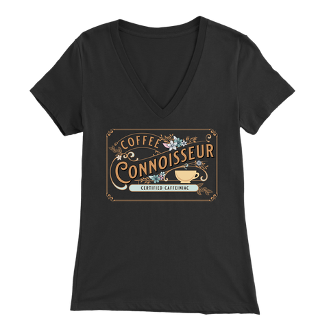 Image of a woman's vintage black v-neck shirt with the Coffee Connoisseur design by Caffeiniac on the front