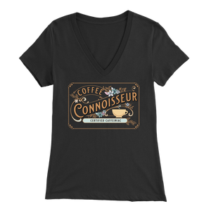 a woman's vintage black v-neck shirt with the Coffee Connoisseur design by Caffeiniac on the front