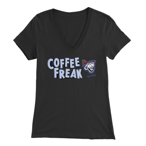 Image of front view of a women's black Caffeiniac v-neck t-shirt with the COFFEE FREAK design in light blue letters