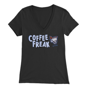front view of a women's black Caffeiniac v-neck t-shirt with the COFFEE FREAK design in light blue letters