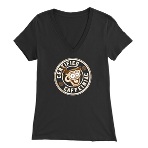 front view of a blak v-neck shirt featuring the Certified Caffeiniac design on the front