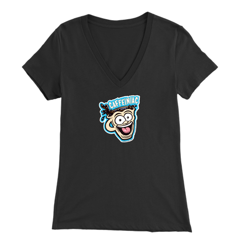 Image of Front view of a black colored womens v-neck light blue shirt featuring the original Caffeiniac Dude cup design on the front