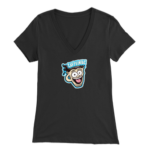 Front view of a black colored womens v-neck light blue shirt featuring the original Caffeiniac Dude cup design on the front