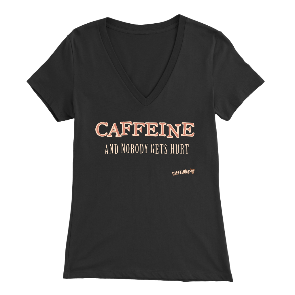front view of a black V-neck Caffeiniac shirt with the design CAFFEINE and nobody gets hurt