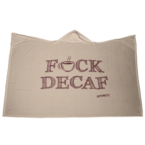back view of a luxurious hooded blanket featuring the Caffeiniac design F_CK DECAF
