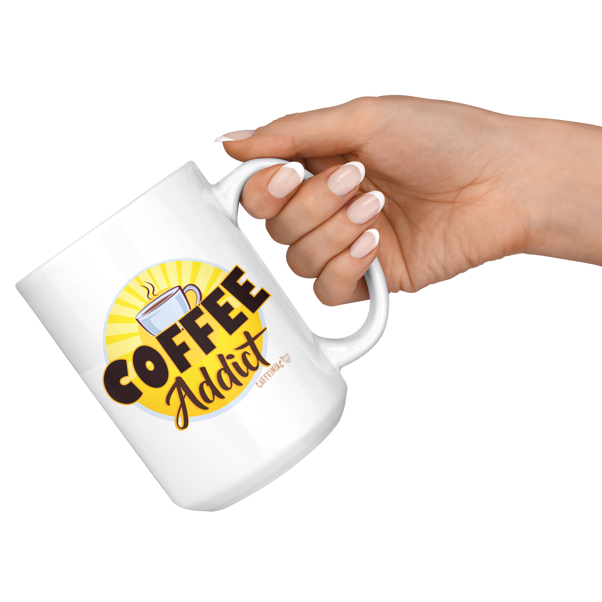 a hand holding  a white ceramic coffee mug with a vibrant Caffeiniac design " Coffee Addict" 
