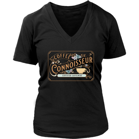 Image of a black v-neck shirt with the coffee connoisseur design by caffeiniac