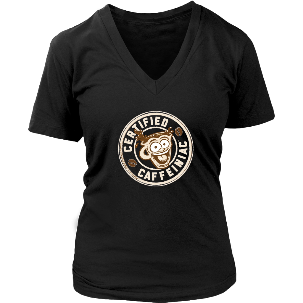 front view of a black v-neck shirt featuring the Certified Caffeiniac design on the front