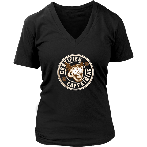 Image of front view of a black v-neck shirt featuring the Certified Caffeiniac design on the front