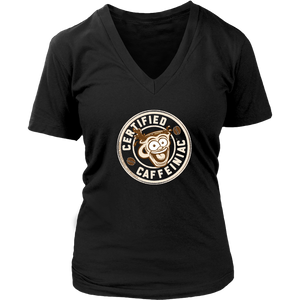 front view of a black v-neck shirt featuring the Certified Caffeiniac design on the front