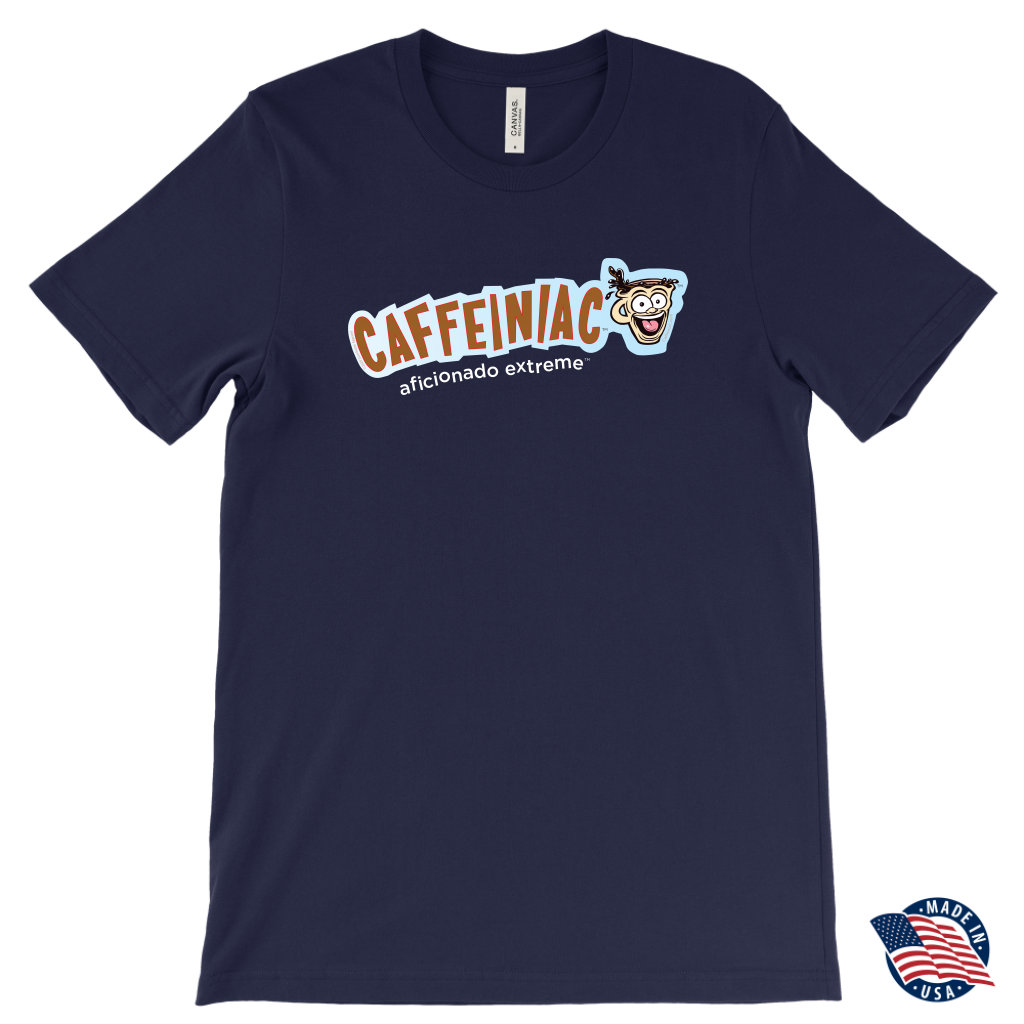 front view of a navy blue t-shirt made in the USA featuring the Caffeiniac aficionado extreme design on the front
