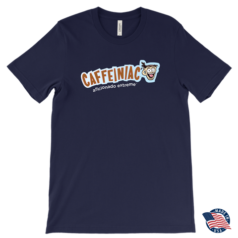 Image of front view of a navy blue t-shirt made in the USA featuring the Caffeiniac aficionado extreme design on the front