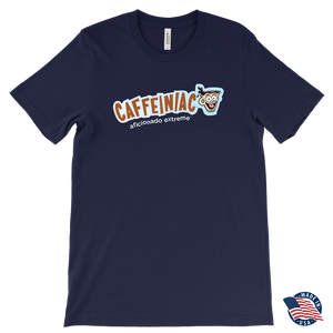 front view of a navy blue t-shirt made in the USA featuring the Caffeiniac aficionado extreme design on the front