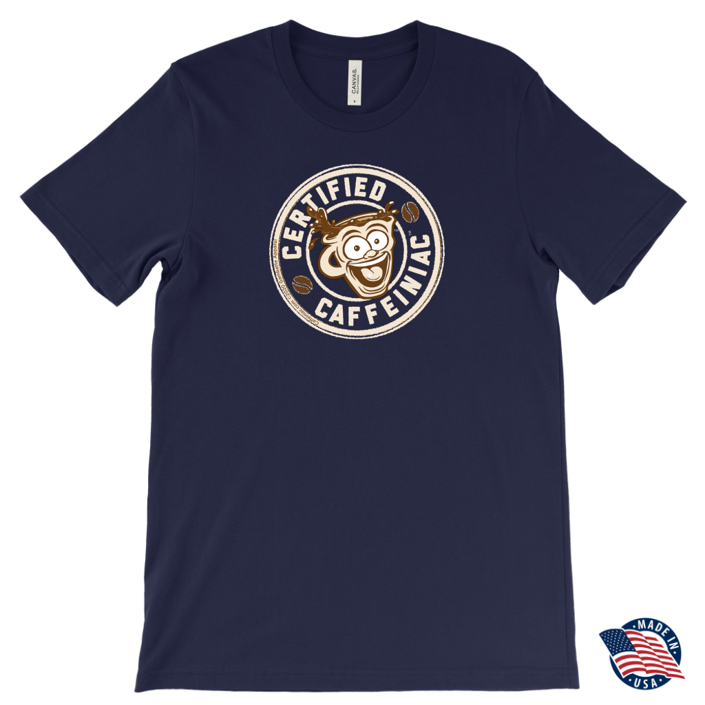front view of a navy blue Canvas Mens T-Shirt featuring the original Certified Caffeiniac design on the front. Made in the USA