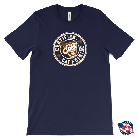 Image of front view of a navy blue Canvas Mens T-Shirt featuring the original Certified Caffeiniac design on the front. Made in the USA